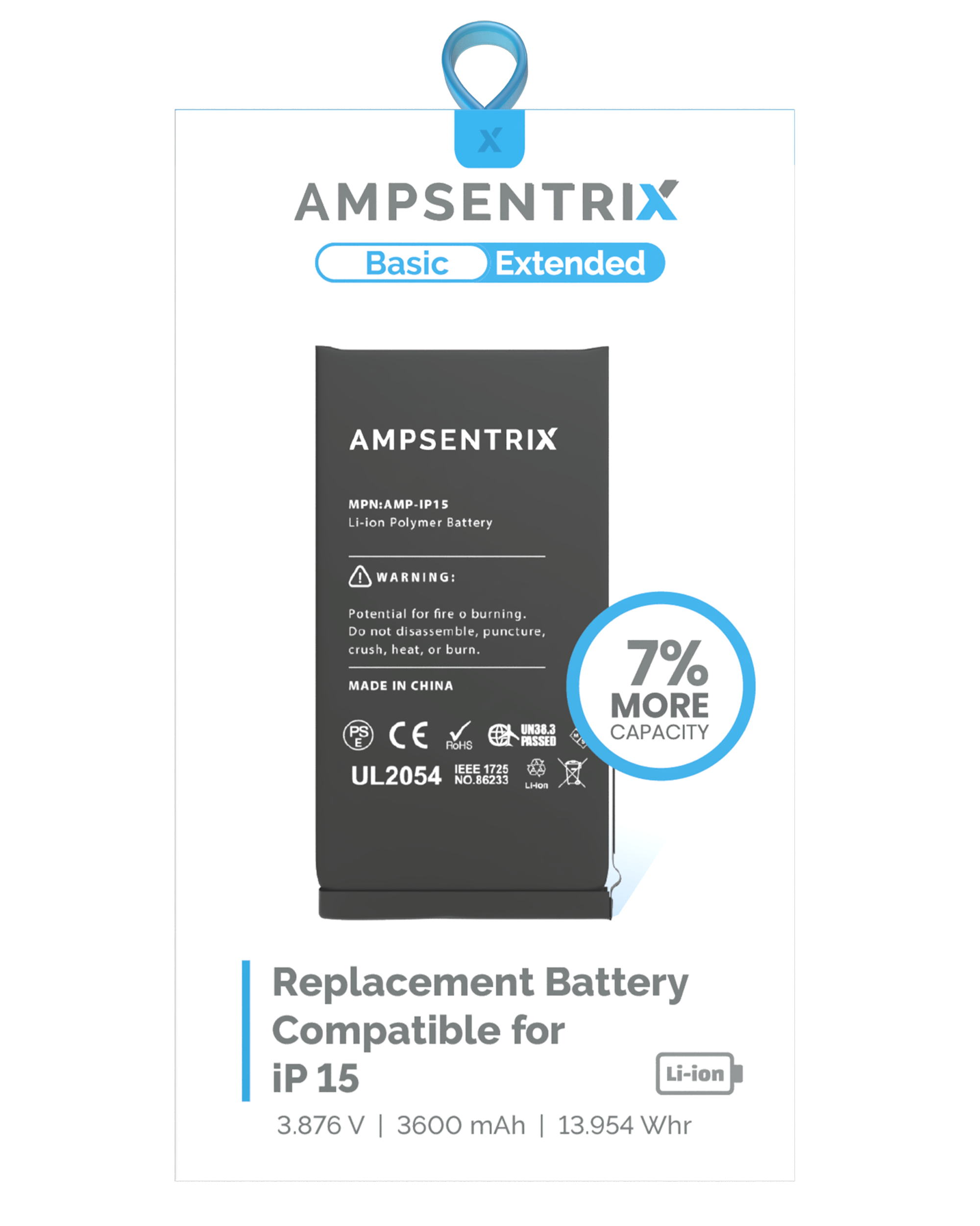 Replacement Battery Compatible For Iphone 15 (Ampsentrix Basic Extended)