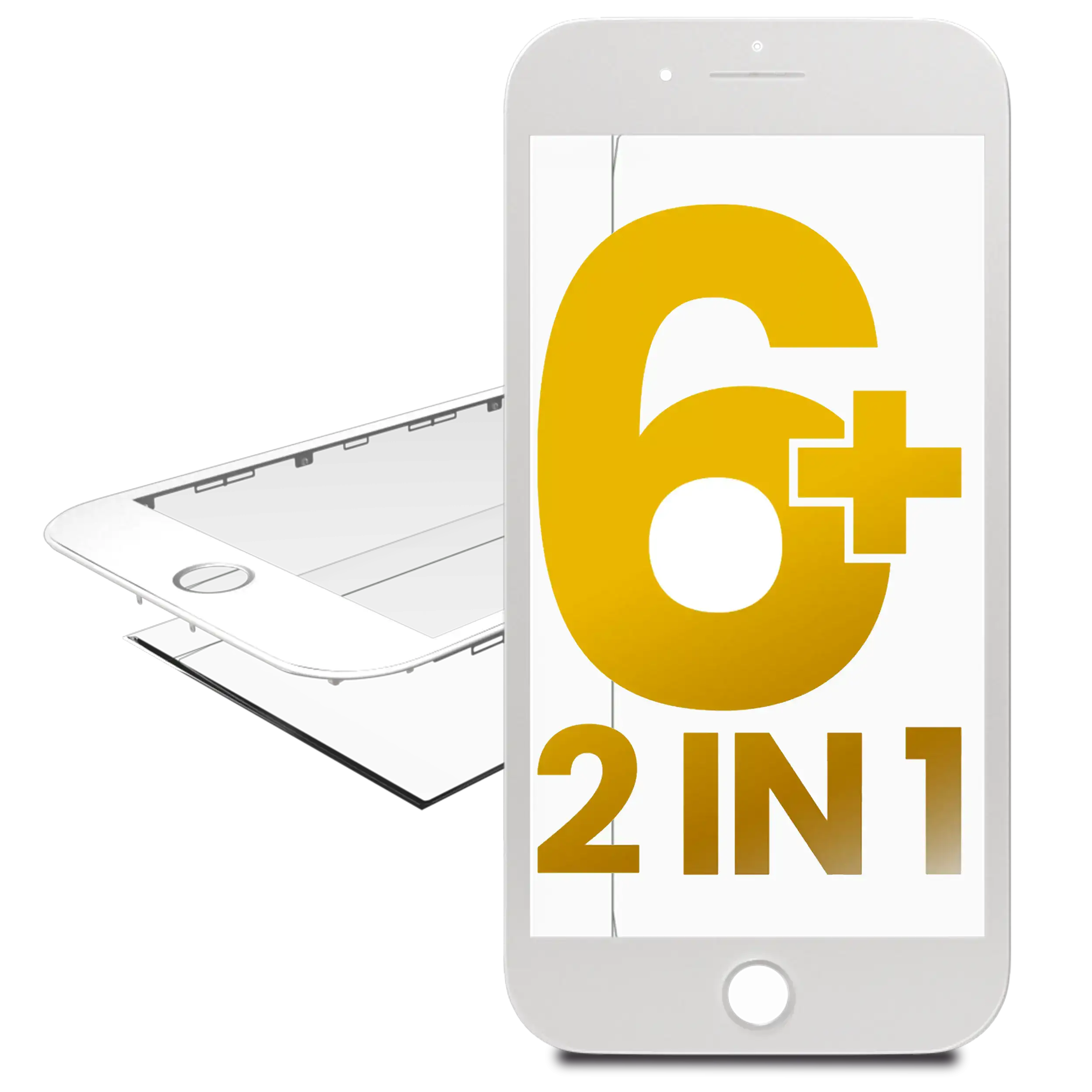 2 In 1 (Front Glass + Frame Pre-Installed) Compatible For Iphone 6 Plus (2 Pack) (White)