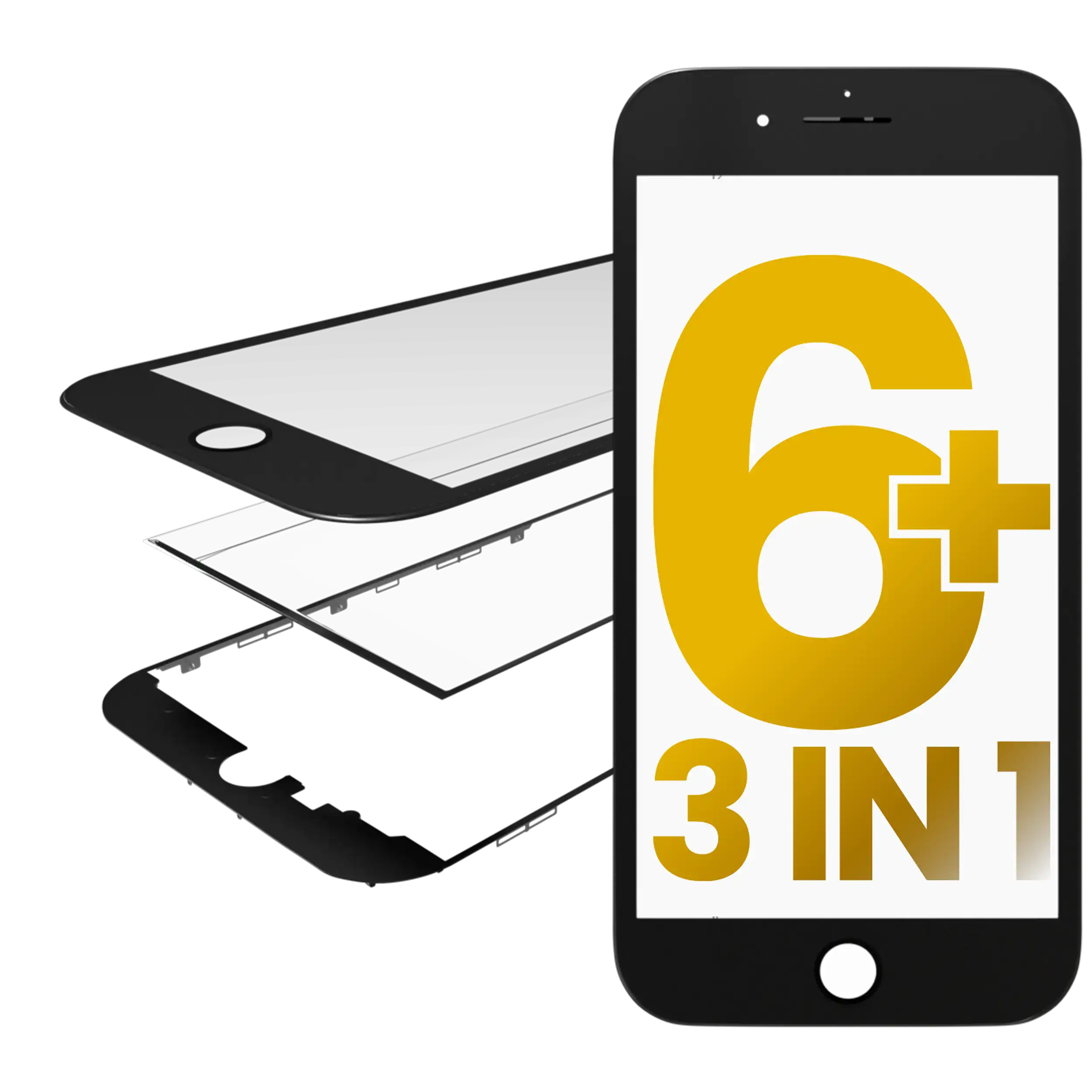 3 In 1 (Front Glass + Frame + Oca Pre-Installed) Compatible For Iphone 6 Plus (2 Pack) (Black)