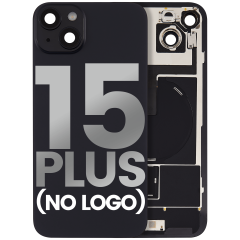 Back Glass With Steel Plate With Wireless NFC Charging MagSafe Magnet & Flashlight Flex Compatible For iPhone 15 Plus (No Logo) (Black)