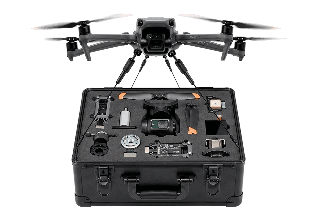 DJI drone with open case of replacement parts
